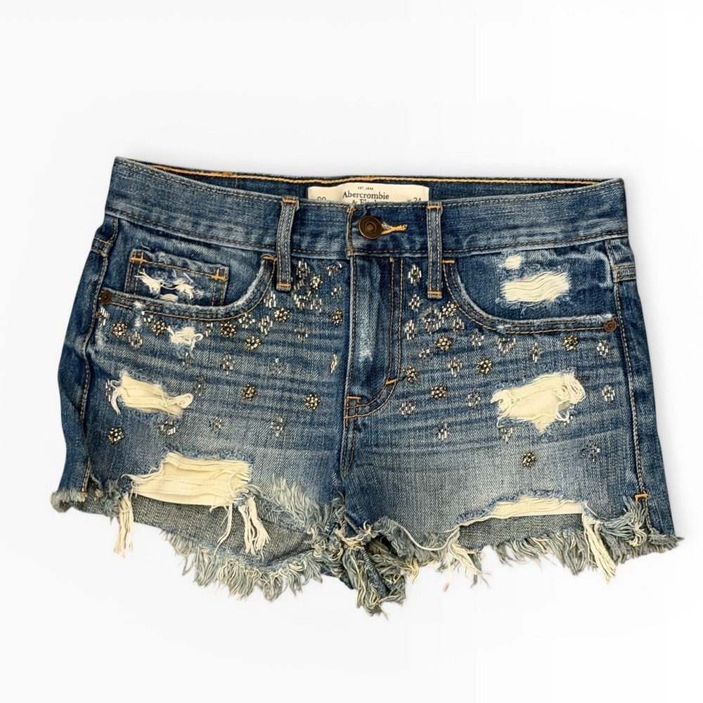 Abercrombie Fitch Distressed Beaded Denim Shorts Blue 00/24 Frayed Hem Mini Y2K